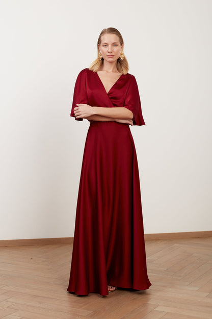 SOLENE burgundy red satin maxi evening dress