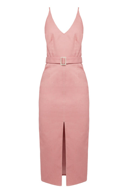 ALBERTA pastel pink denim open back dress