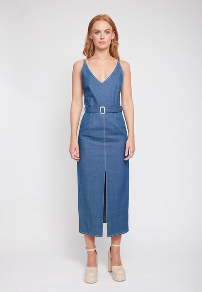 ALBERTA Classy Blue Denim Midi Dress - Front View