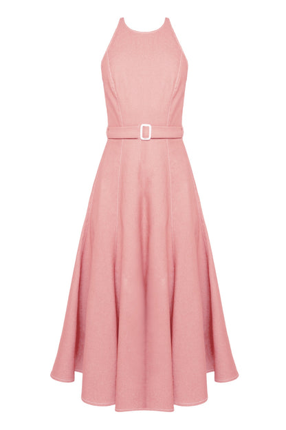 ODE Pastel Pink Denim Midi Dress - Godet Skirt Design