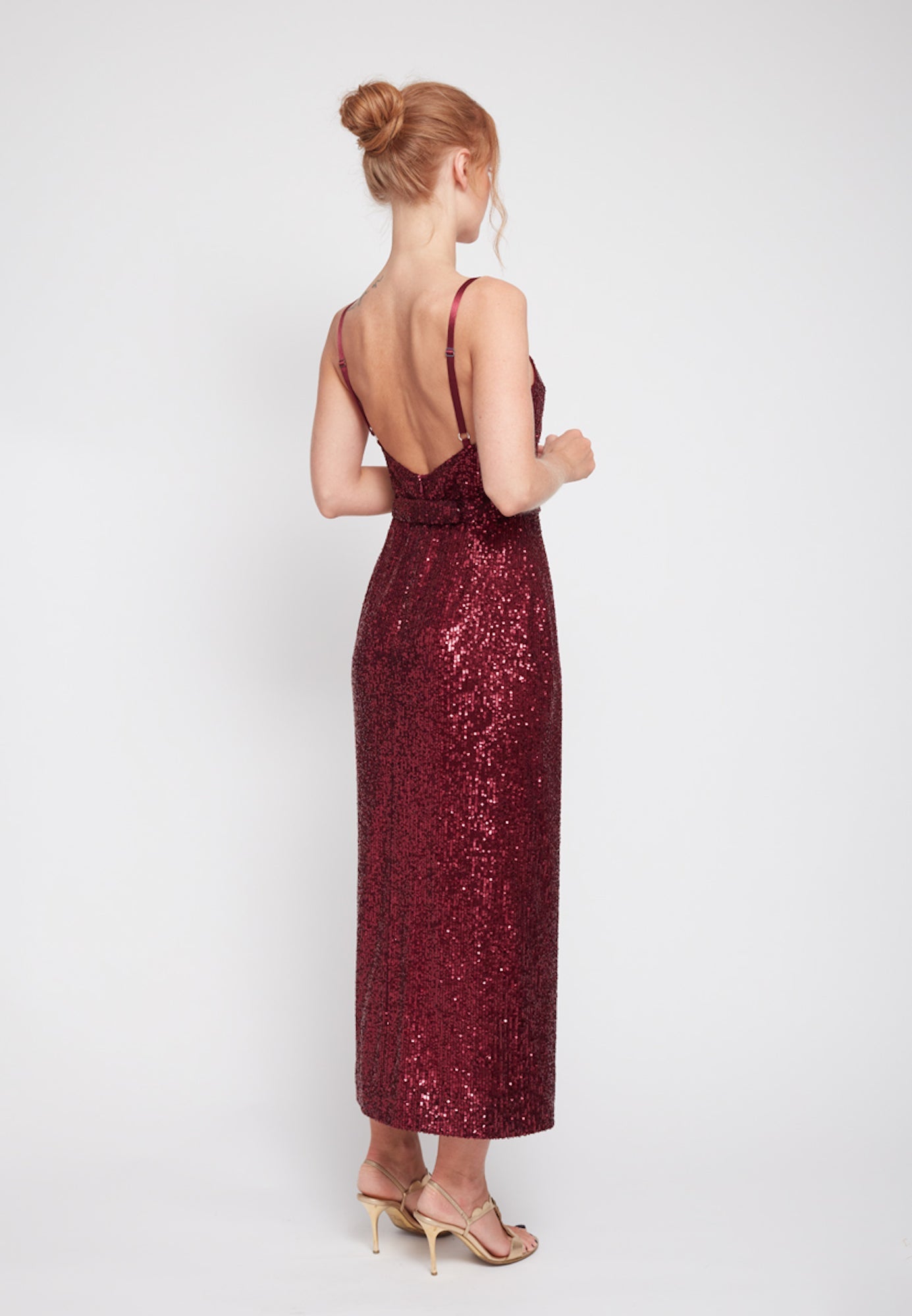 CHLOE deep red sequin open back dress