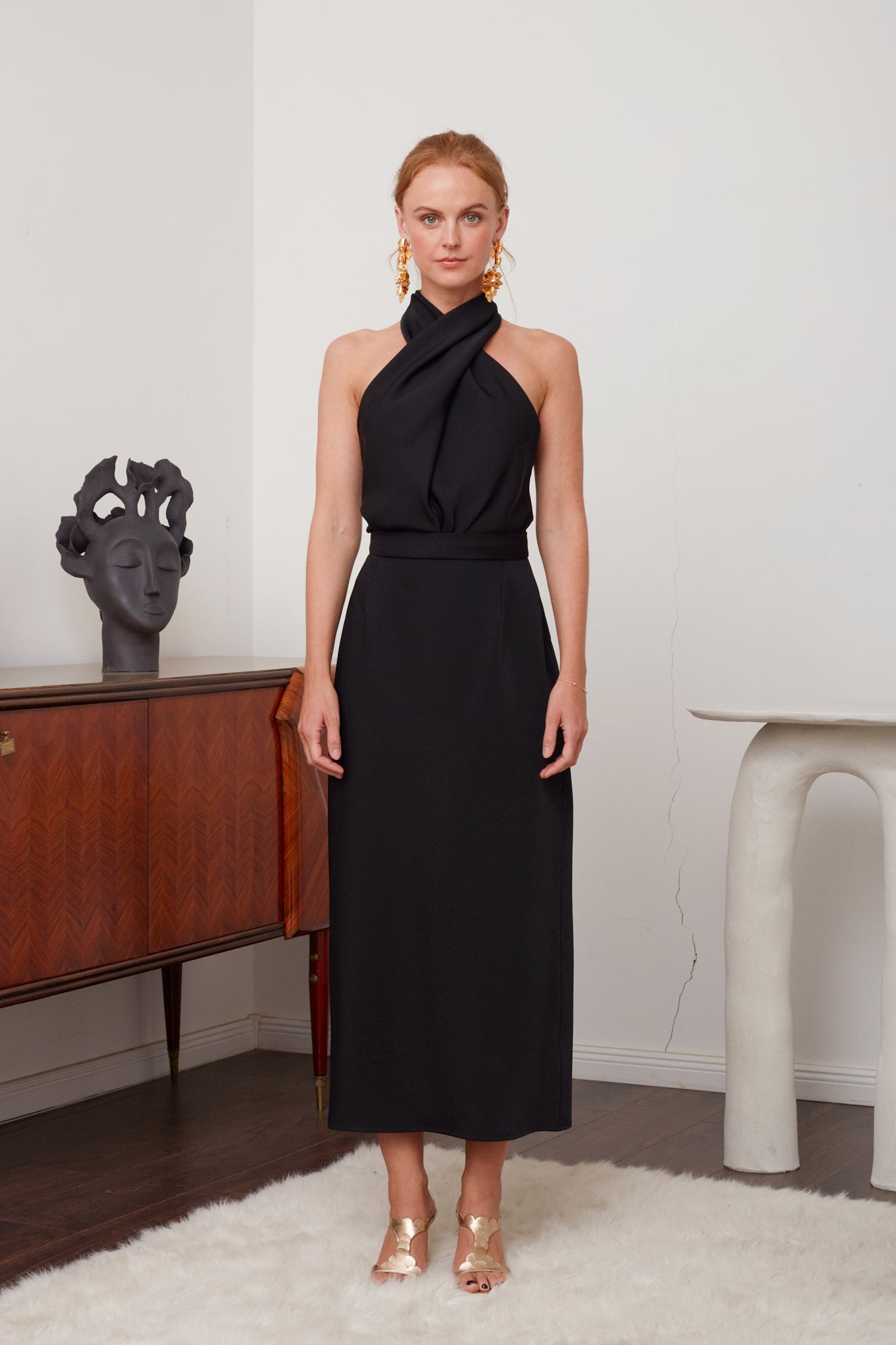 CELIA Black X Neck Midi Party Dress - Versatile and Chic