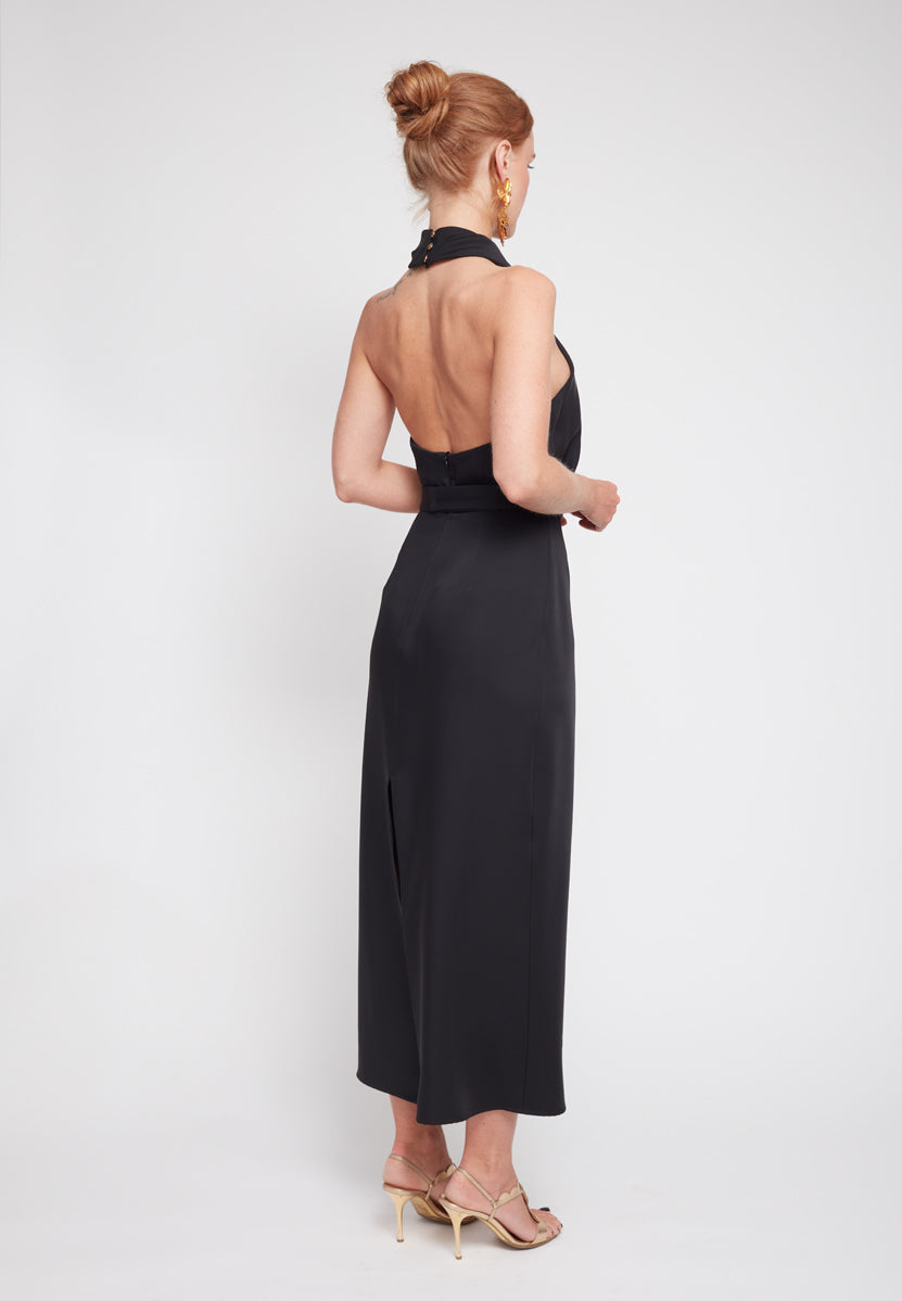 CELIA Black X Neck Midi Party Dress - Back View