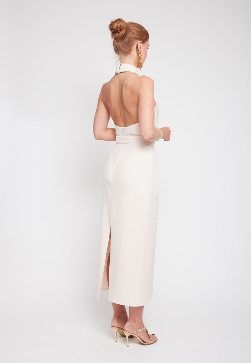 CELIA Pastel Cream X Neck Midi Dress - Back View