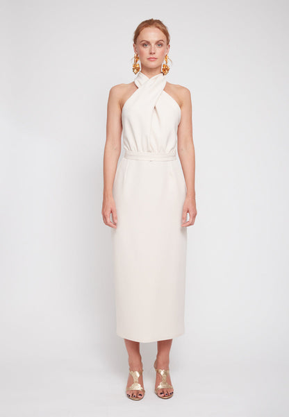 CELIA Pastel Cream X Neck Midi Dress - Front View