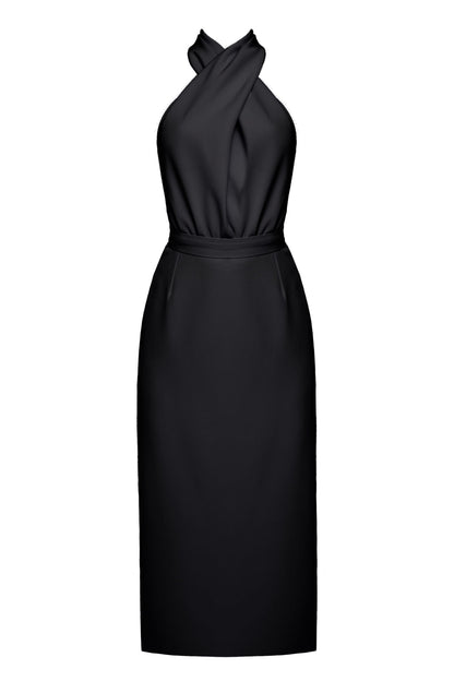 CELIA Black X Neck Midi Party Dress