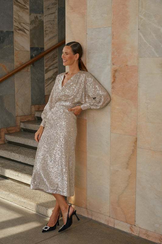 Silver sequin long sleeve dress EVE