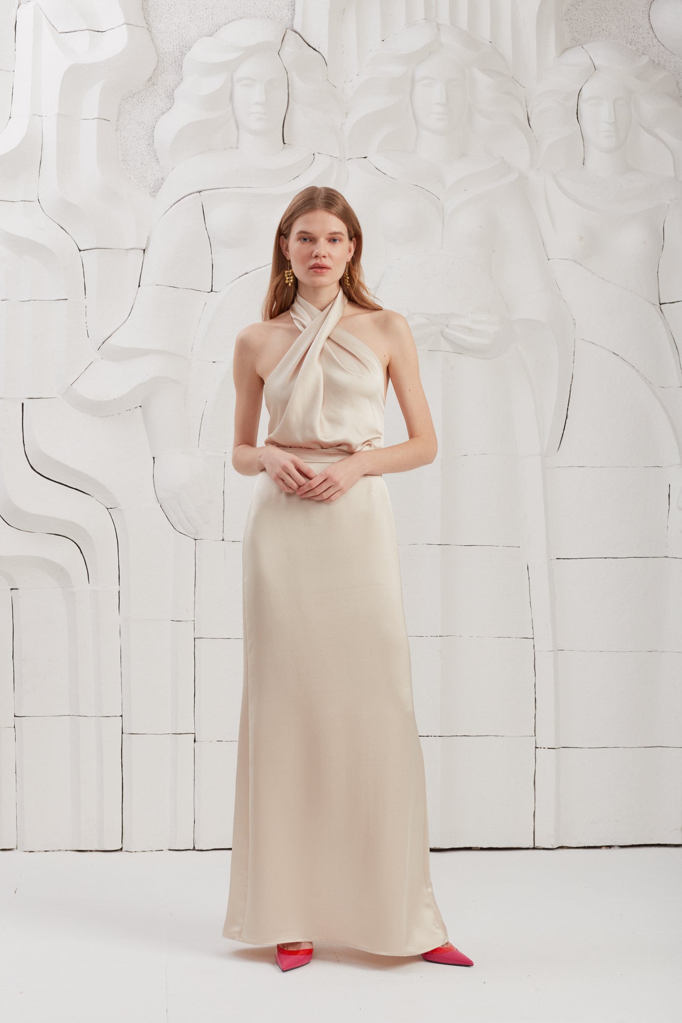 ALIUR Champagne Satin X Neckline Evening Maxi Dress