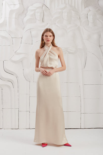 ALIUR Champagne Satin X Neckline Evening Maxi Dress