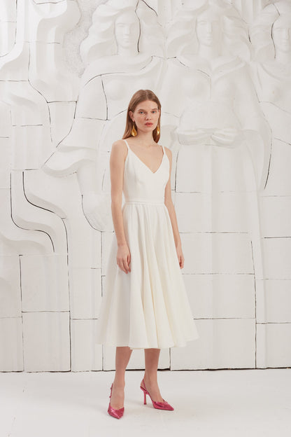 LINDA white flared midi wedding dress