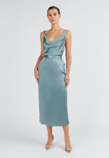 Stone Blue Satin Open Back Dress KAMEA