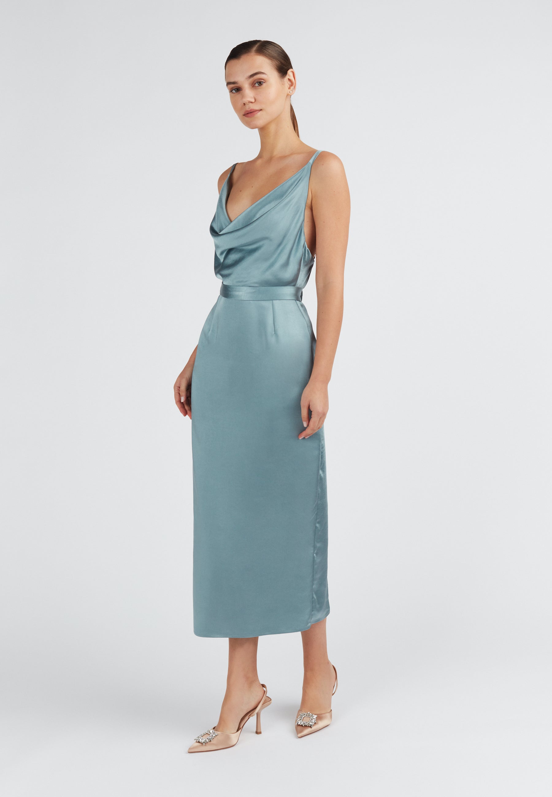 Elegant Blue Satin Open Back Midi Dress 