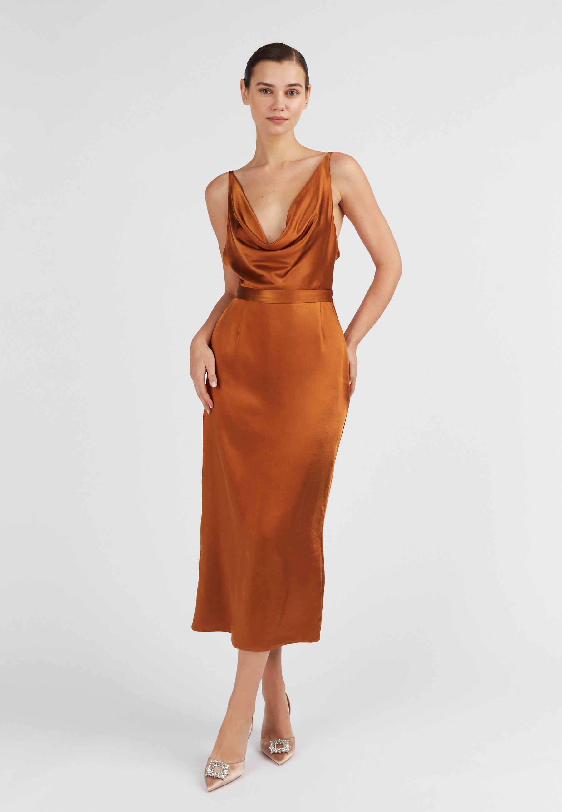 Brown satin draped front midi dress 