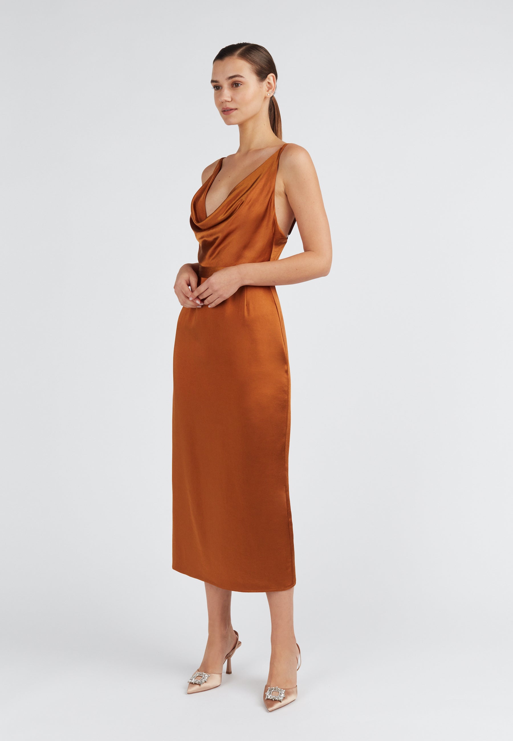 Elegant Brown satin draped front dress