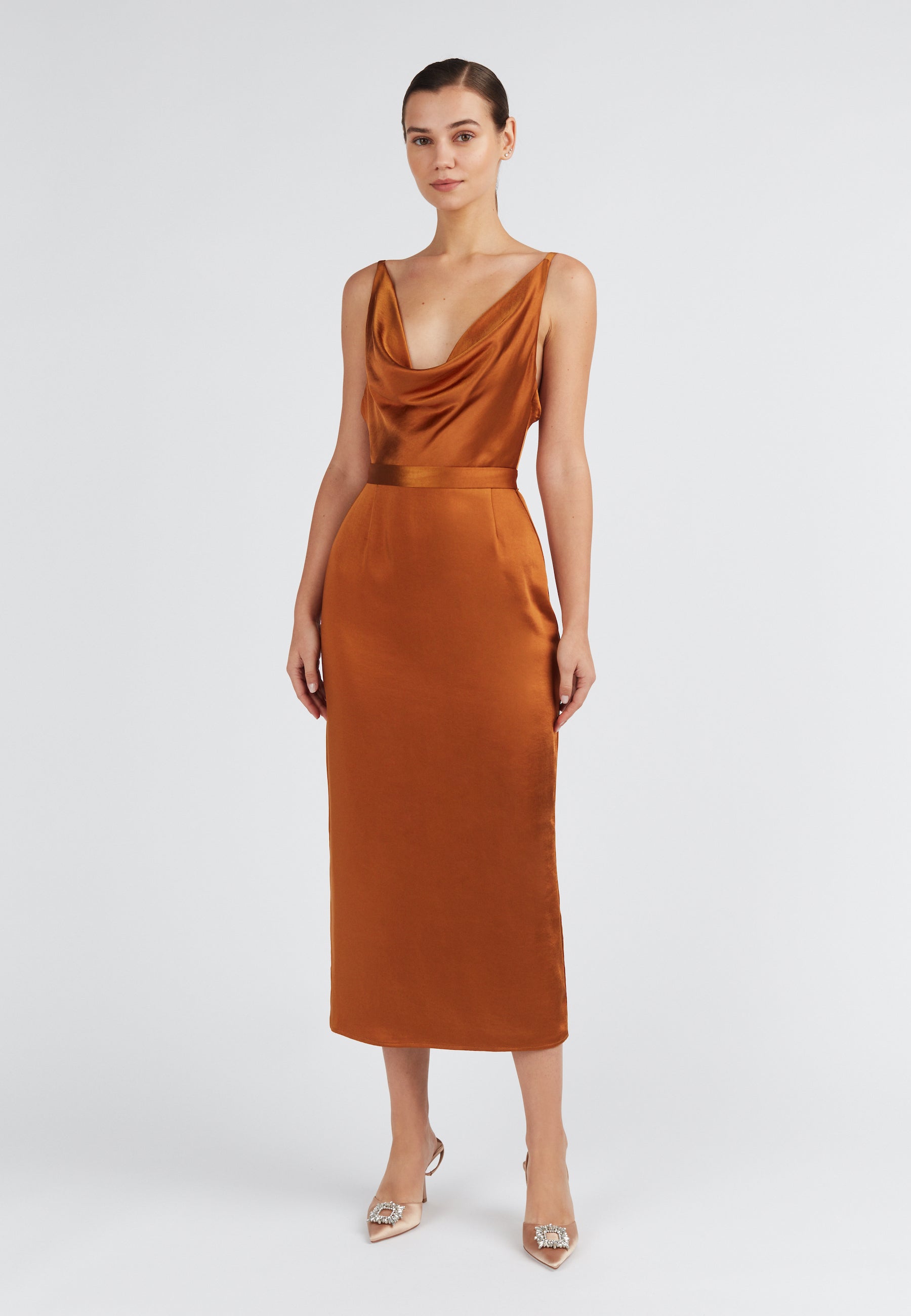 Brown satin draped front midi evening dress 