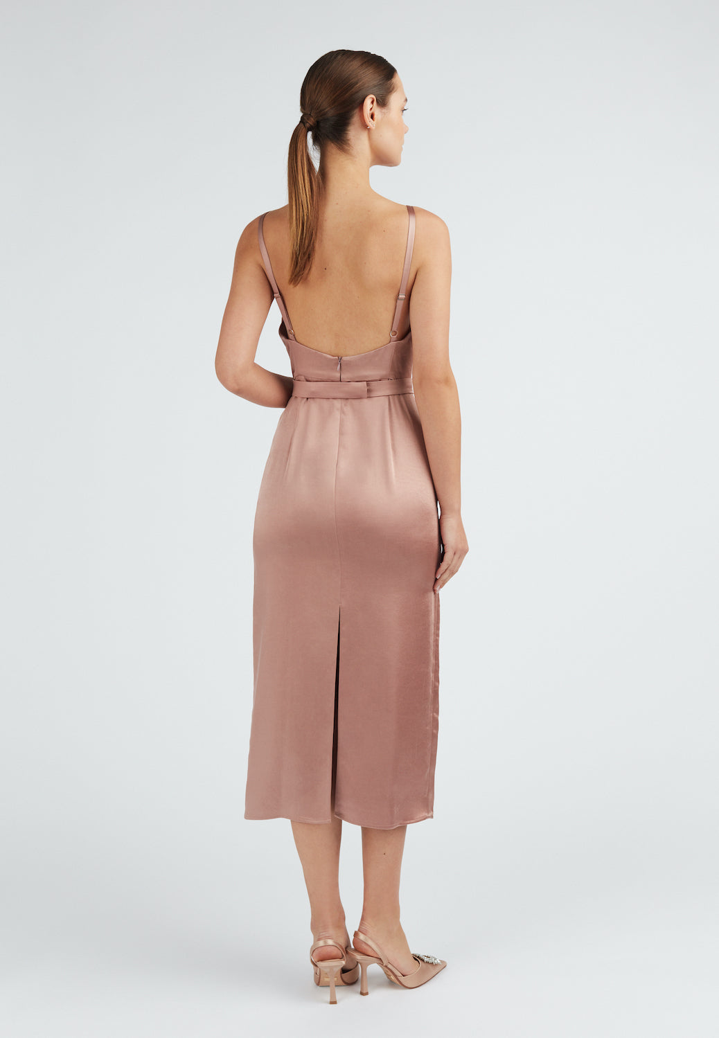 Nude satin backless midi dress with back slit