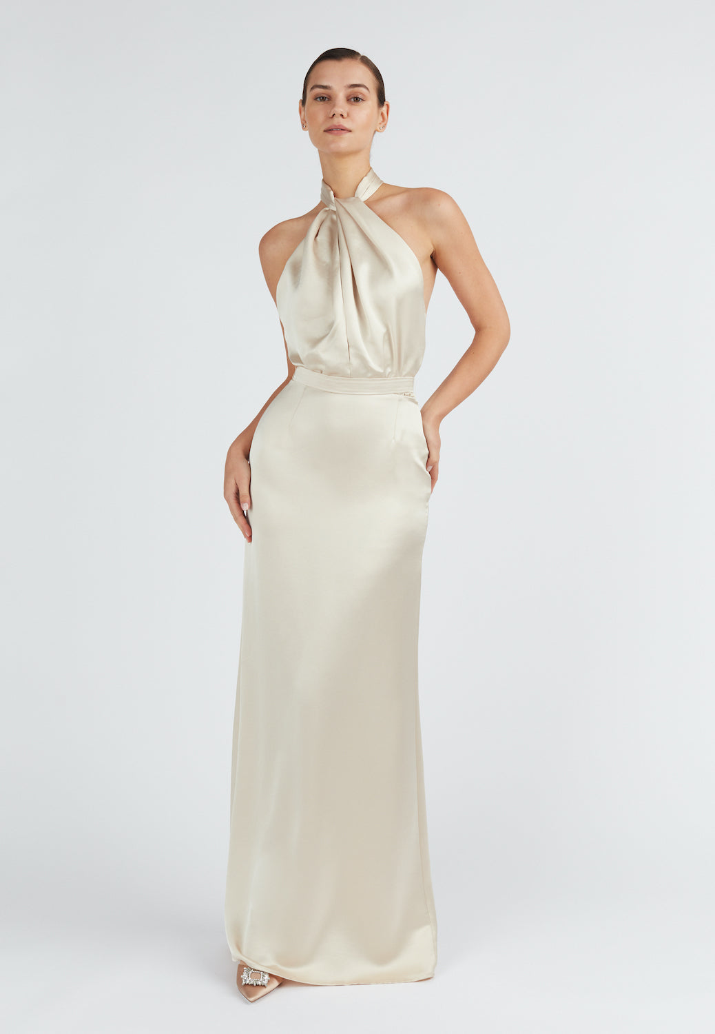 Elegant Champagne satin evening maxi dress