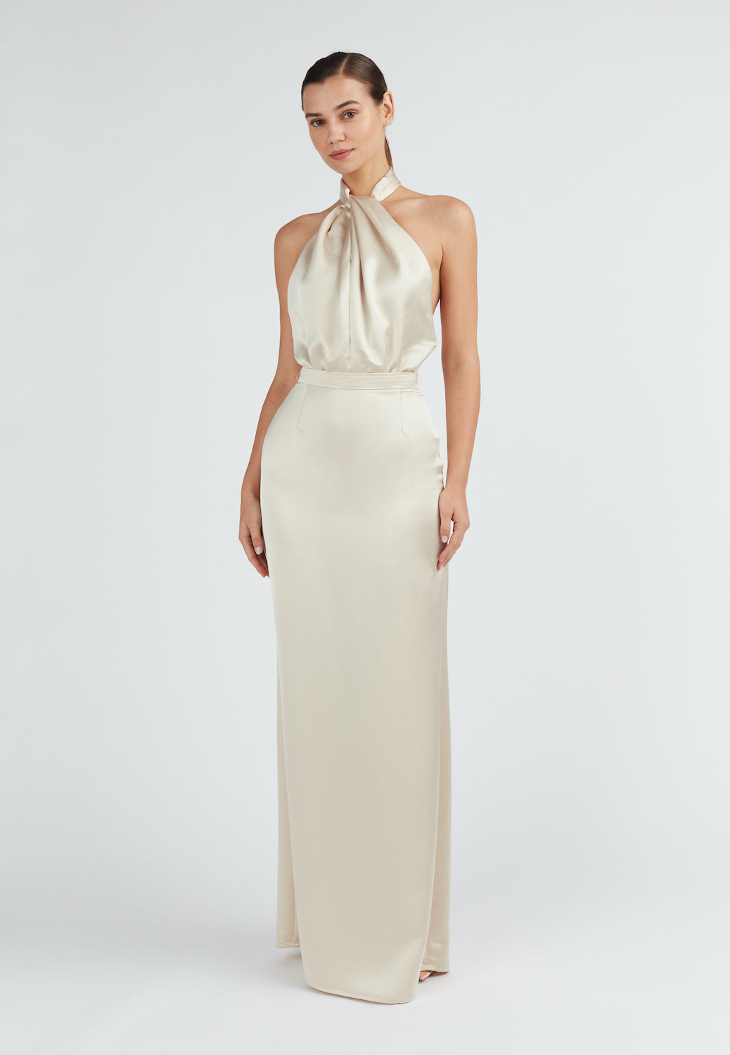 X neckline Champagne satin evening maxi dress 