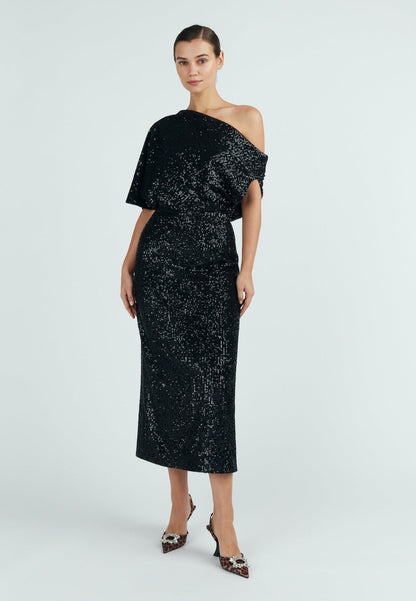 Black sequin midi length evening dress