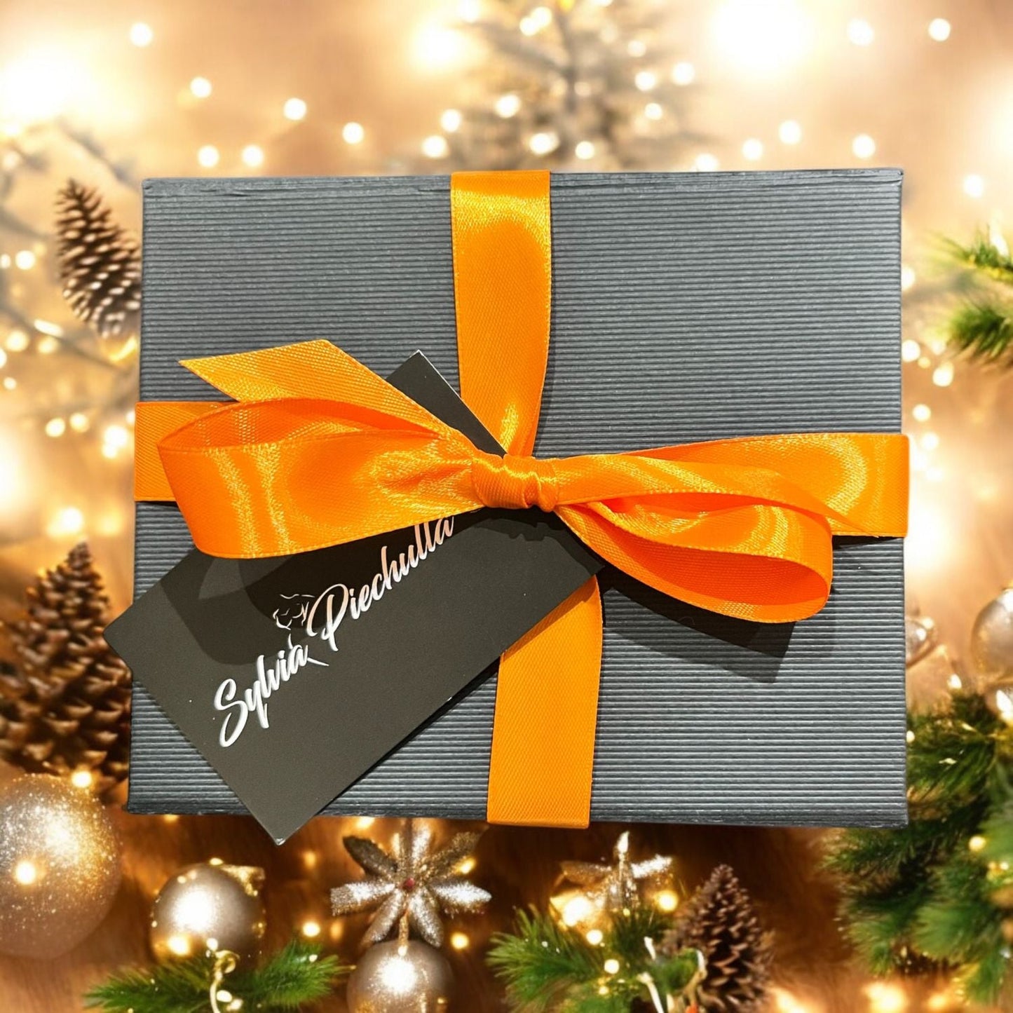 Sylvia Piechulla Black Magnetic Gift Box with Orange Ribbon and Sylvia Piechulla Tag