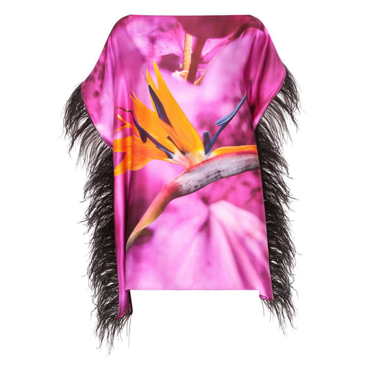 Bird of Paradise Pink Purple Silk Black Feather Top- Made To Order