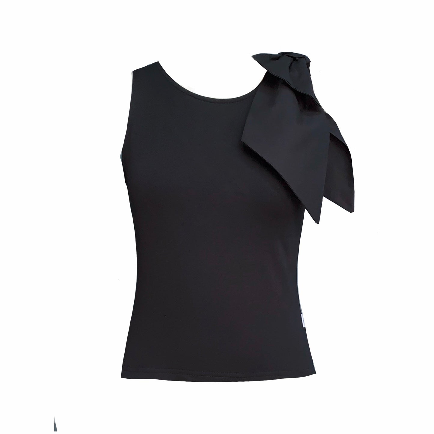 This is a round neck sleeveless top in black silhouetted against a white background. It has an oversized decorative bow sitting proudly over the left shoulder.  