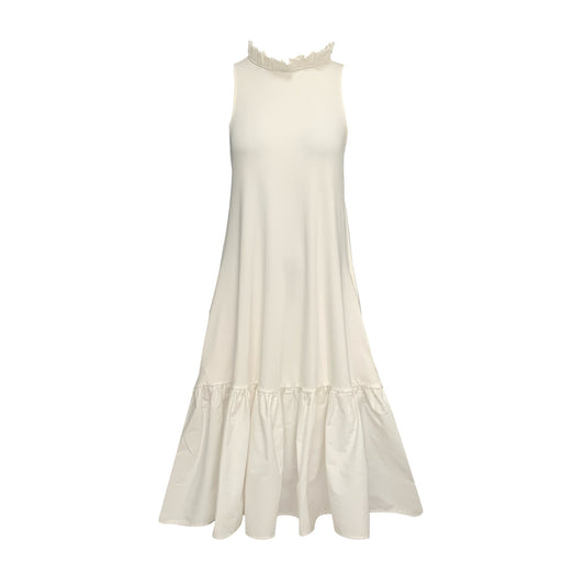 This is a midaxi style dress in cream silhouetted against a white background facing the front. The dress is a midaxi length with pockets. It has a high neck with a row of ruffles. 