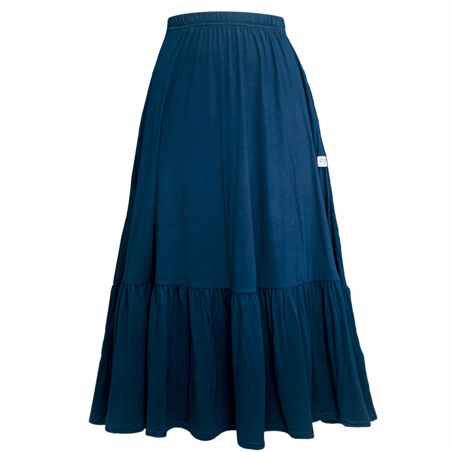 Boho Gathered Midi Skirt With Pockets In Petrol Blue