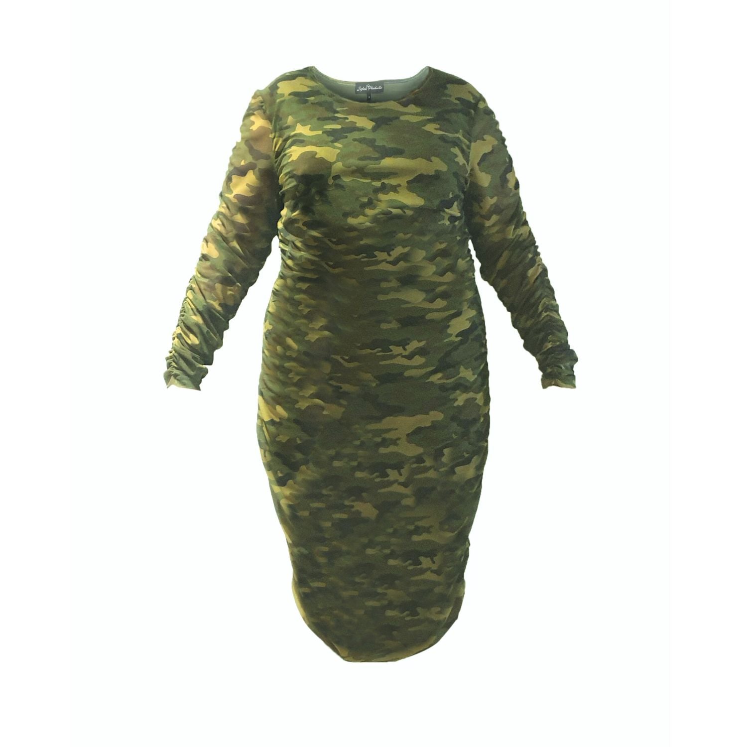 Womens Plus Size Olive Green Camouflage Bodycon Midi Dress as a cut out on an invisble mannequin