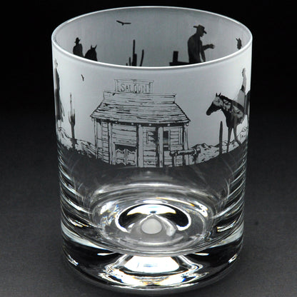 Wild West Whiskey Tumbler Glass - Hand Etched/Engraved Gift