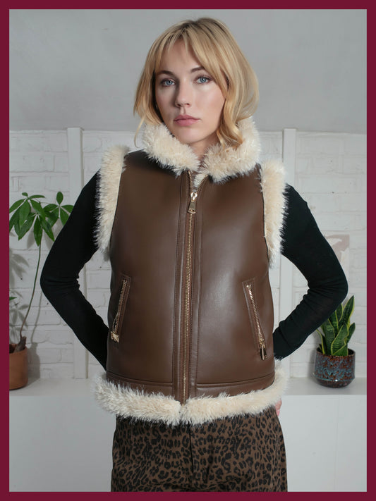 Devina Leather Look Biker Gilet - Tan