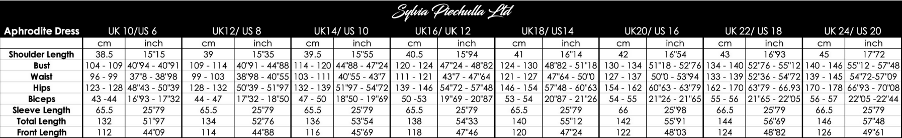 Aphrodite Dress - Size Chart