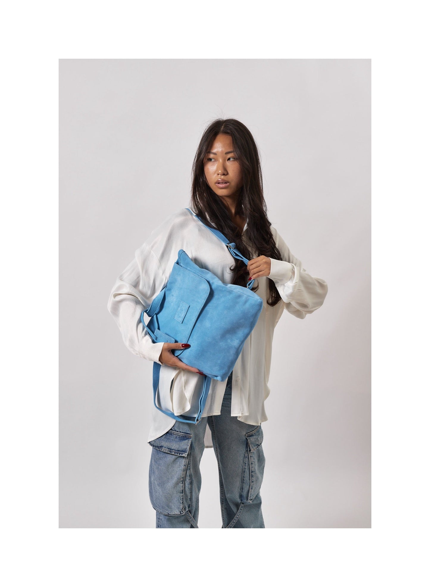 Leather Backpack Light Blue Upper West Side Collection