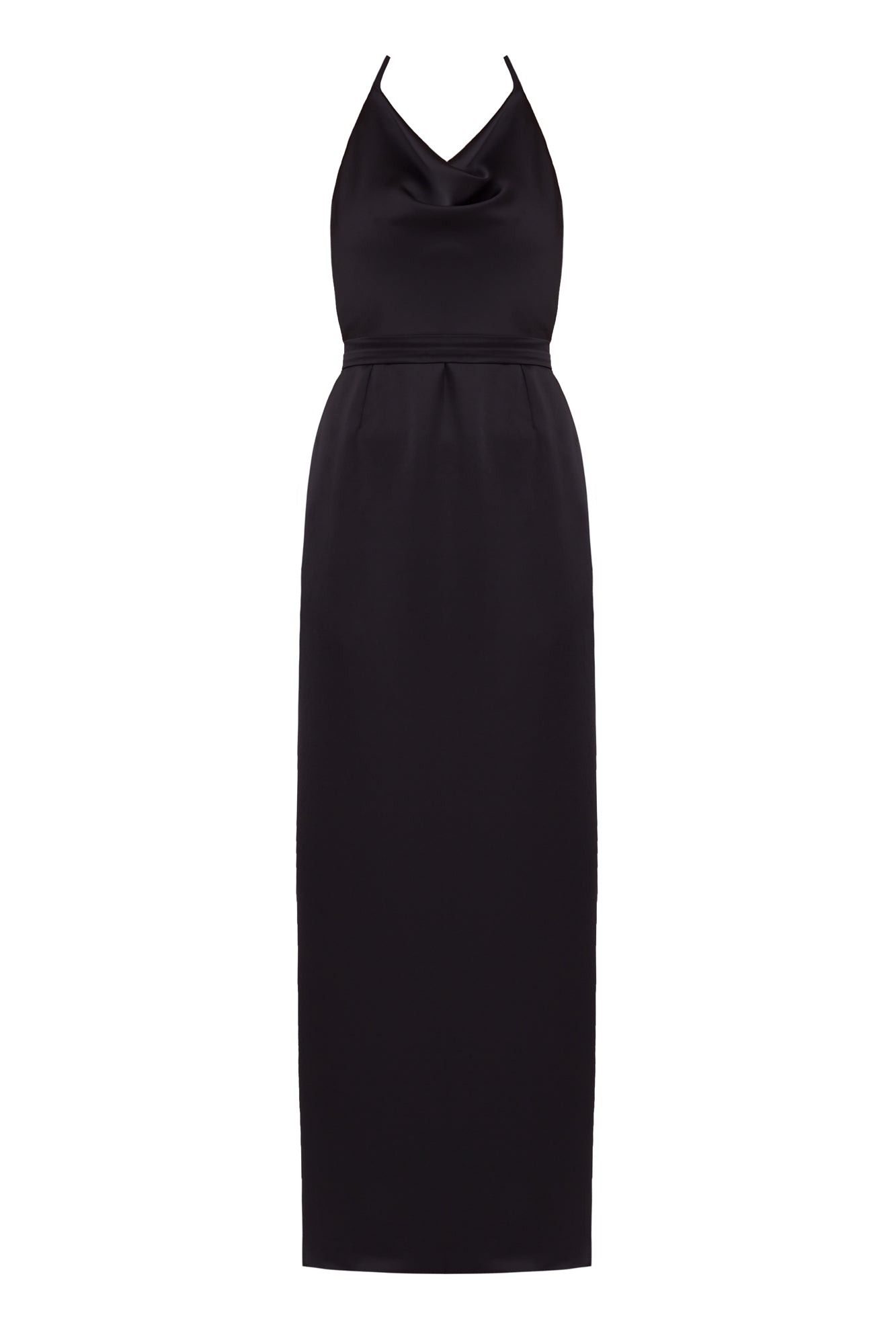 KALEA Black Satin Long Cowl Neck Dress