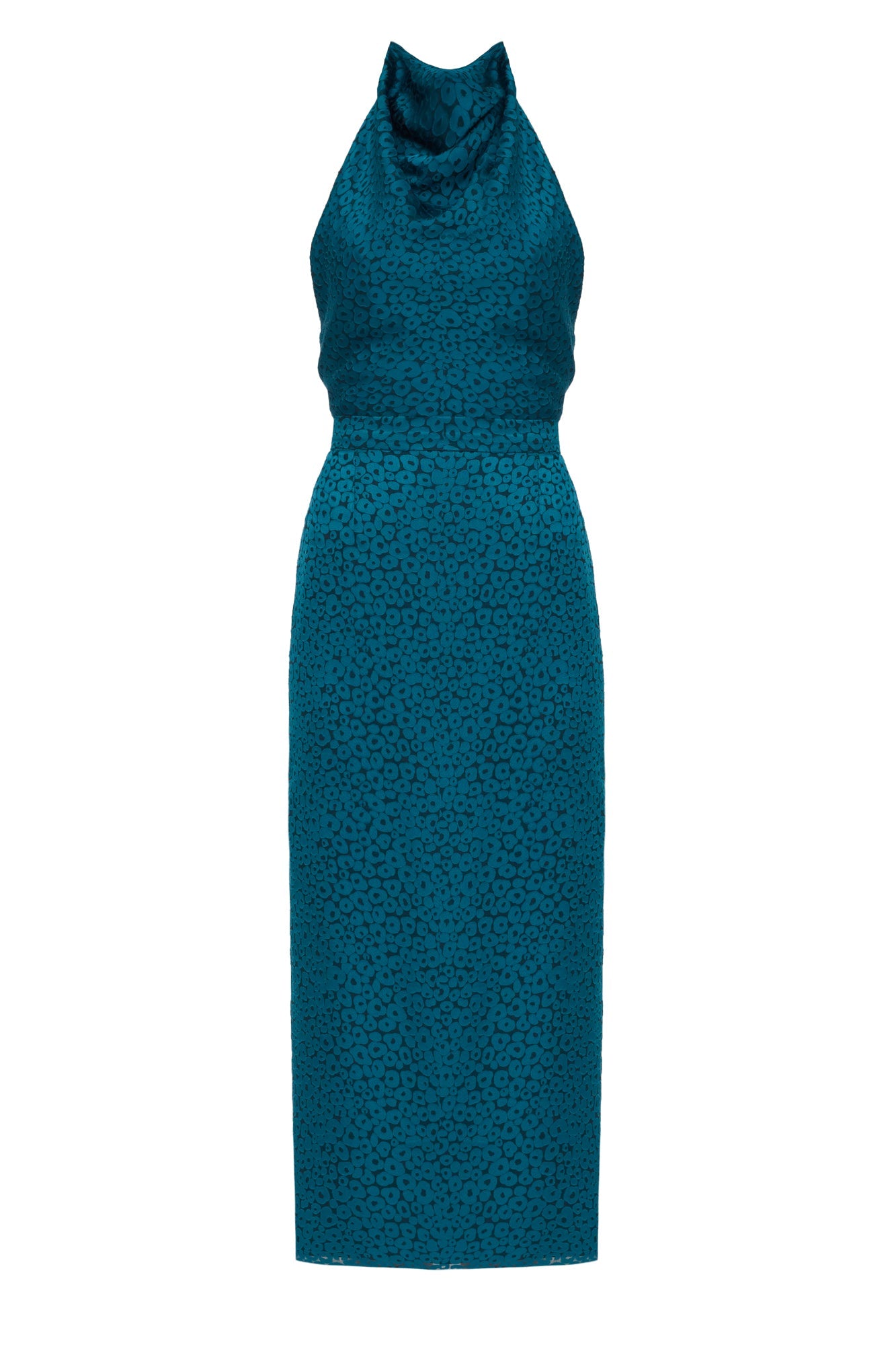 LARA Teal Blue Jacquard Fabric Midi Dress With Cowl Neck