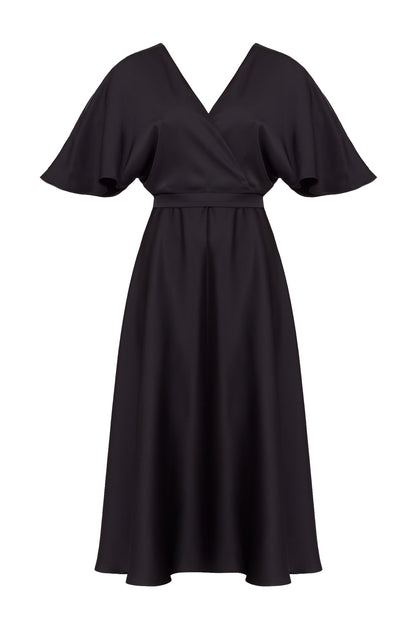 SONYA Black Satin Midi Cocktail Dress With Circle Skirt