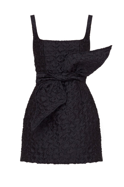 GOLDA Black Textured Fabric Mini Dress With Bow Belt