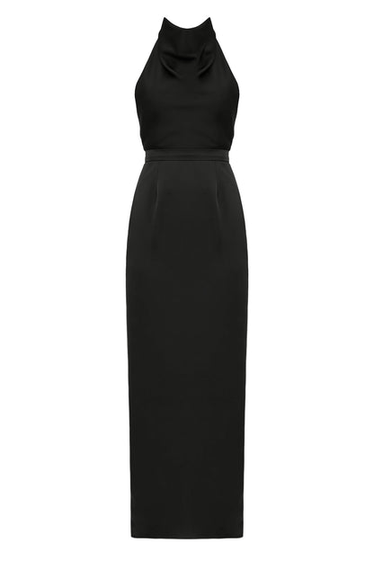 CASANDRA Black Cowl Neck Long Evening Dress