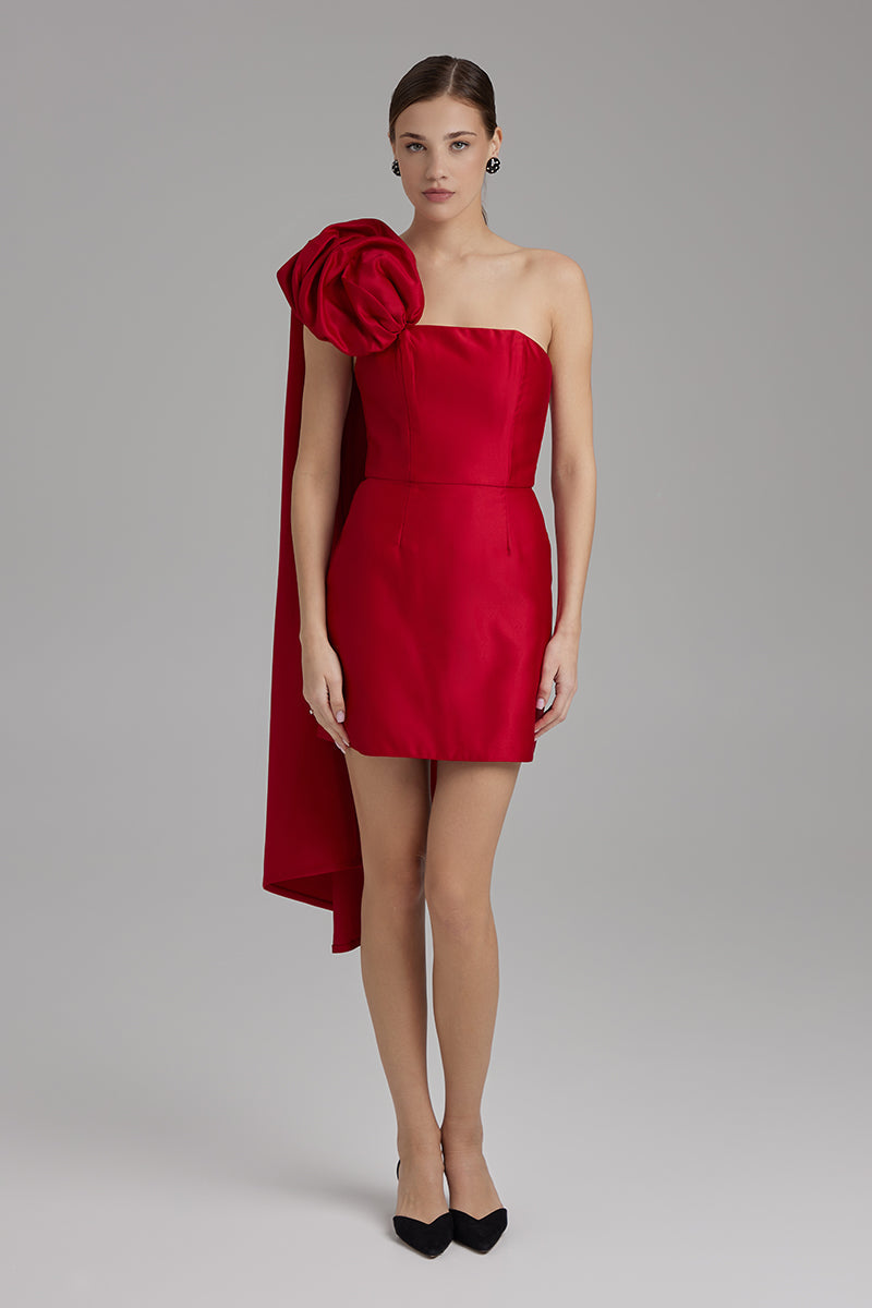 JOY DRESS + ROSE CAPE BOW | strapless mini in red