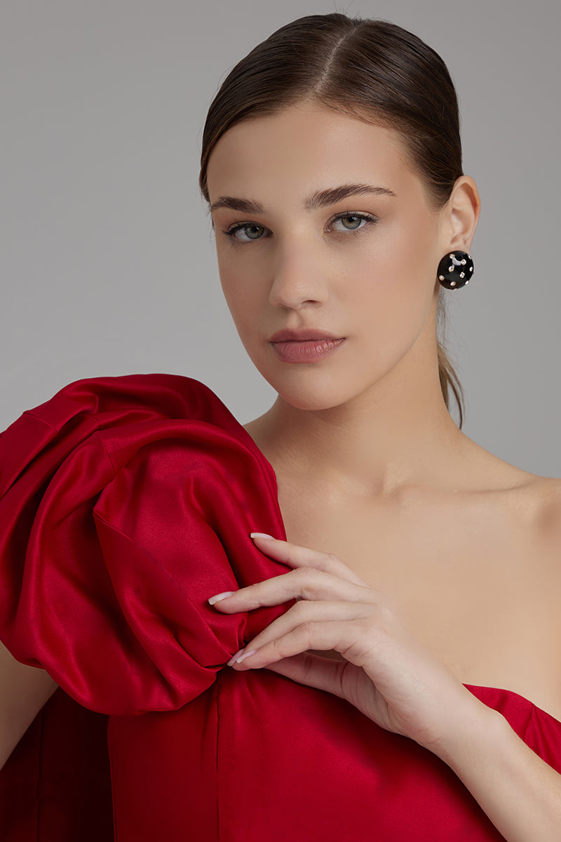 JOY DRESS + ROSE CAPE BOW | strapless mini in red