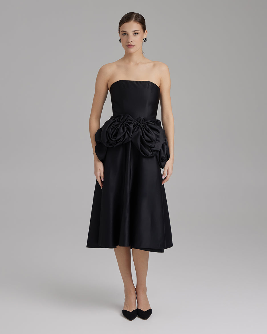 MIA DRESS + ROSE WAIST SASH | strapless A line midi in black