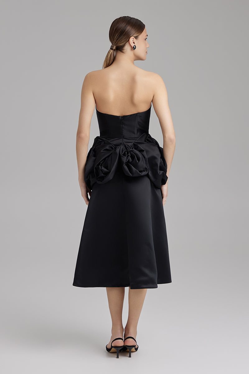 MIA DRESS + ROSE WAIST SASH | strapless A line midi in black