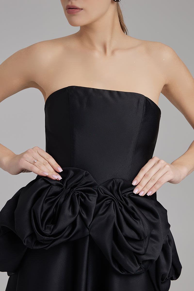 MIA DRESS + ROSE WAIST SASH | strapless A line midi in black