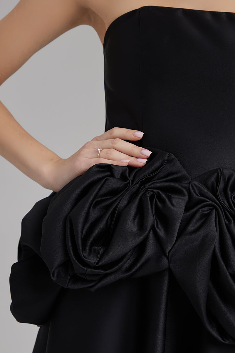 MIA DRESS + ROSE WAIST SASH | strapless A line midi in black