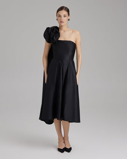 MIA DRESS + ROSE CAPE BOW | strapless A line midi in black