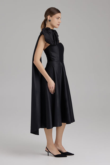 MIA DRESS + ROSE CAPE BOW | strapless A line midi in black