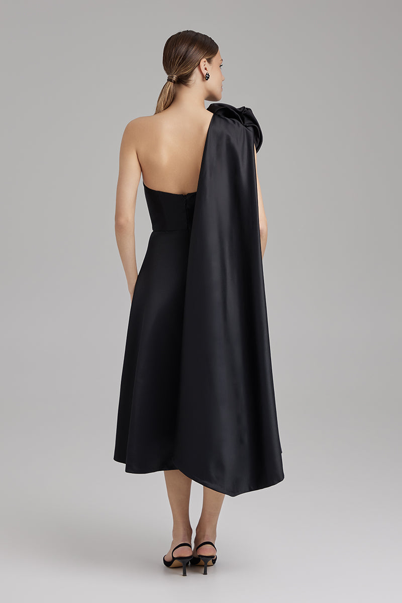 MIA DRESS + ROSE CAPE BOW | strapless A line midi in black