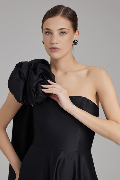 MIA DRESS + ROSE CAPE BOW | strapless A line midi in black