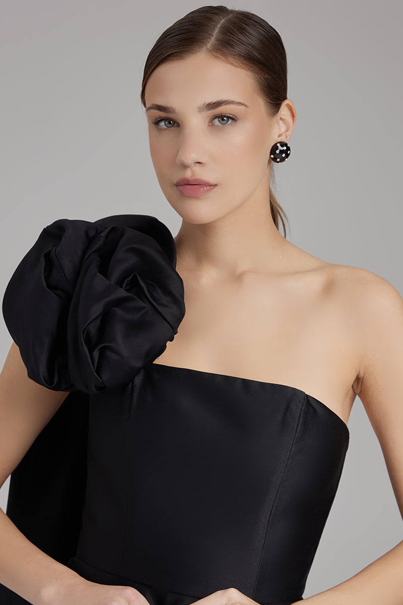 MIA DRESS + ROSE CAPE BOW | strapless A line midi in black