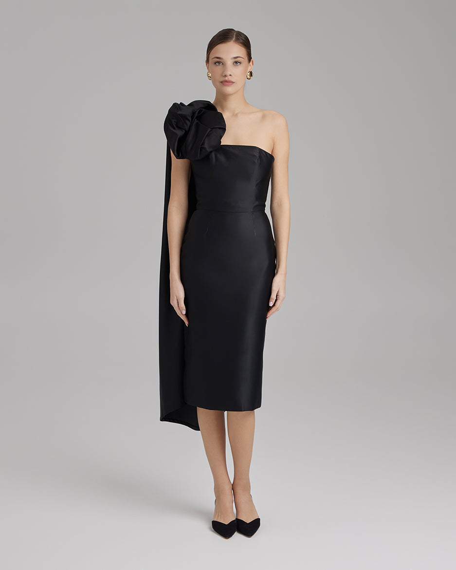 KIRA DRESS + ROSE CAPE BOW | strapless pencil midi in black